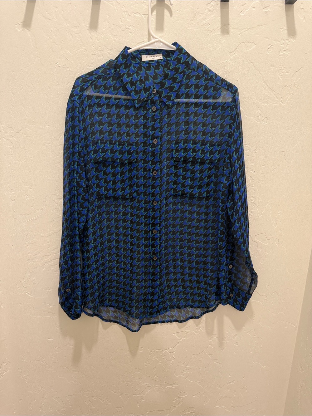 Equipment Blue and Black Houndstooth Silk Chiffon Button-Down Blouse